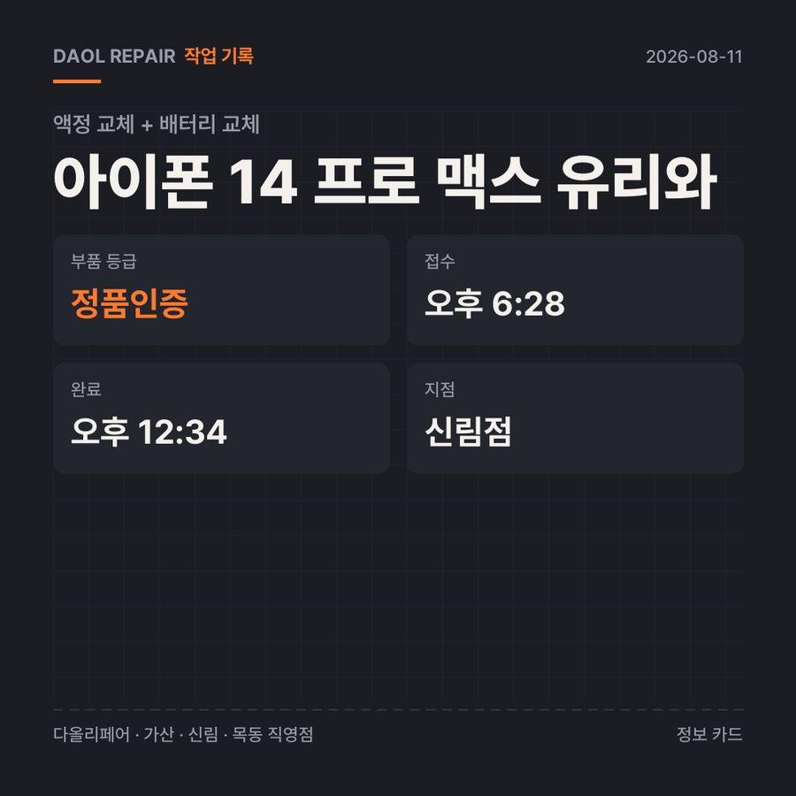 아이폰 14 프로 맥스 유리와 액정 교체 + 배터리 교체 기록 카드 — 부품 등급·소요 시간·지점