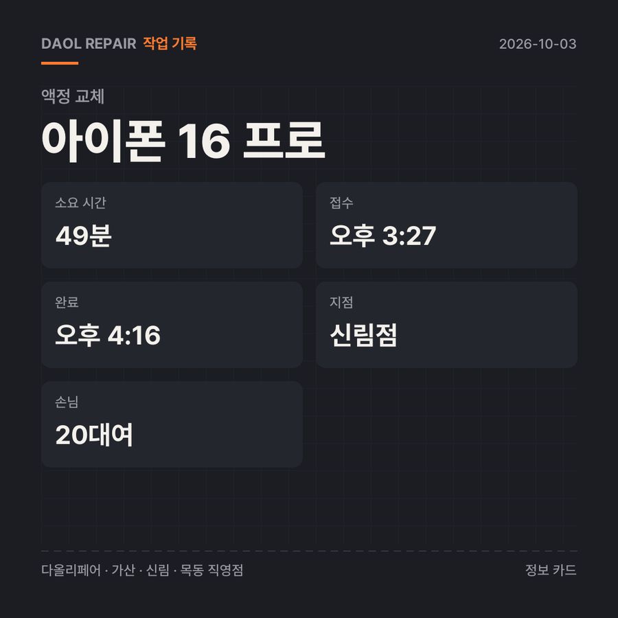 아이폰 16 프로 액정 교체 기록 카드 — 부품 등급·소요 시간·지점