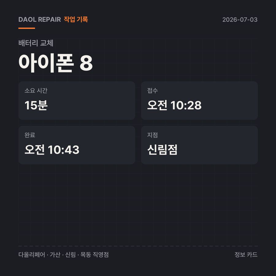 아이폰 8 배터리 교체 기록 카드 — 부품 등급·소요 시간·지점