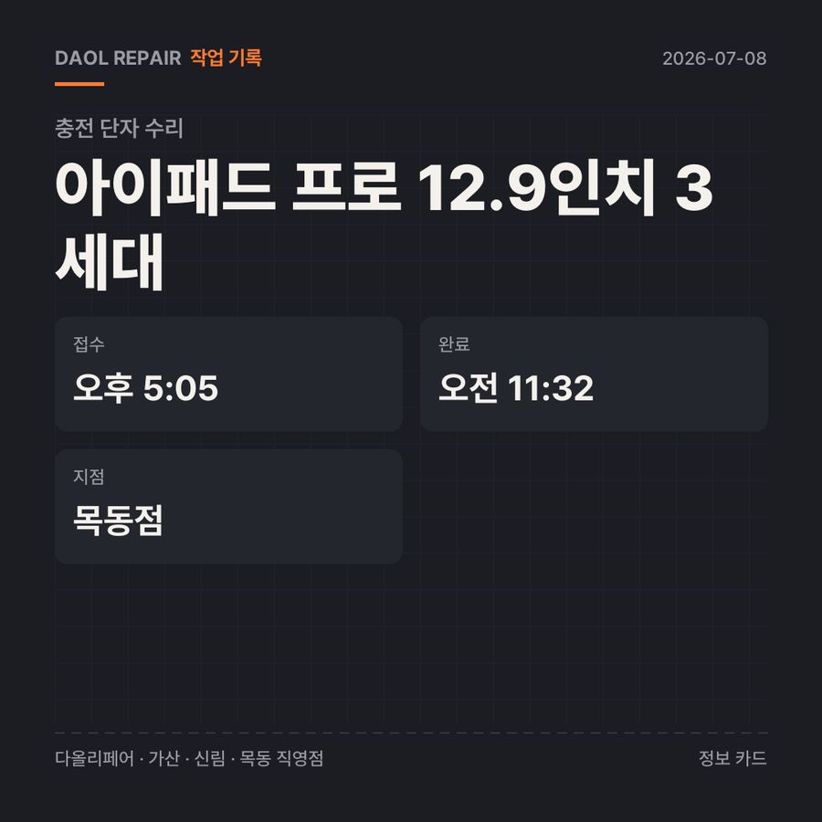 아이패드 프로 12.9인치 3세대 충전 단자 수리 기록 카드 — 부품 등급·소요 시간·지점