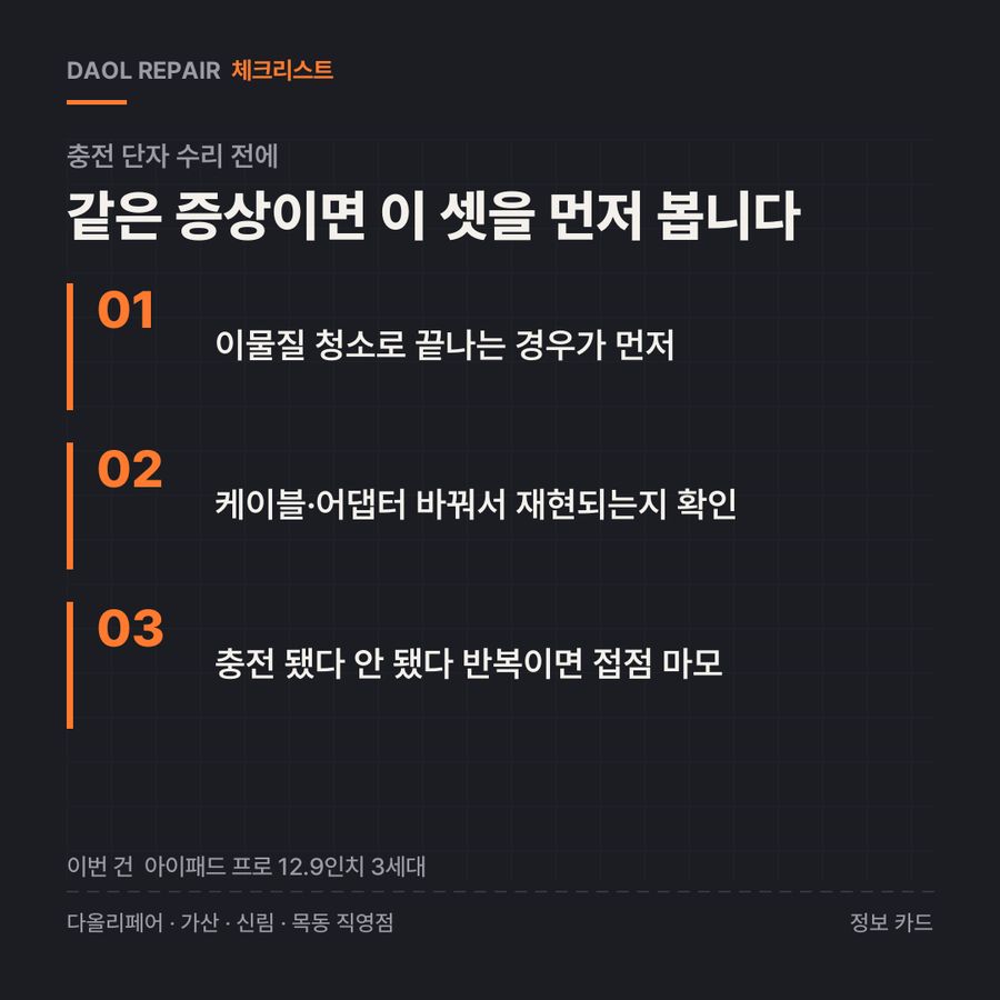 충전 단자 수리 전 확인할 3가지 — 정보 카드