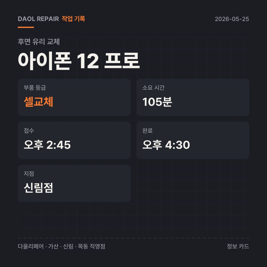 아이폰 12 프로 후면 유리 교체 기록 카드 — 부품 등급·소요 시간·지점