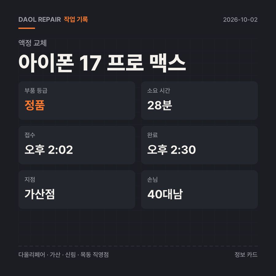 아이폰 17 프로 맥스 액정 교체 기록 카드 — 부품 등급·소요 시간·지점