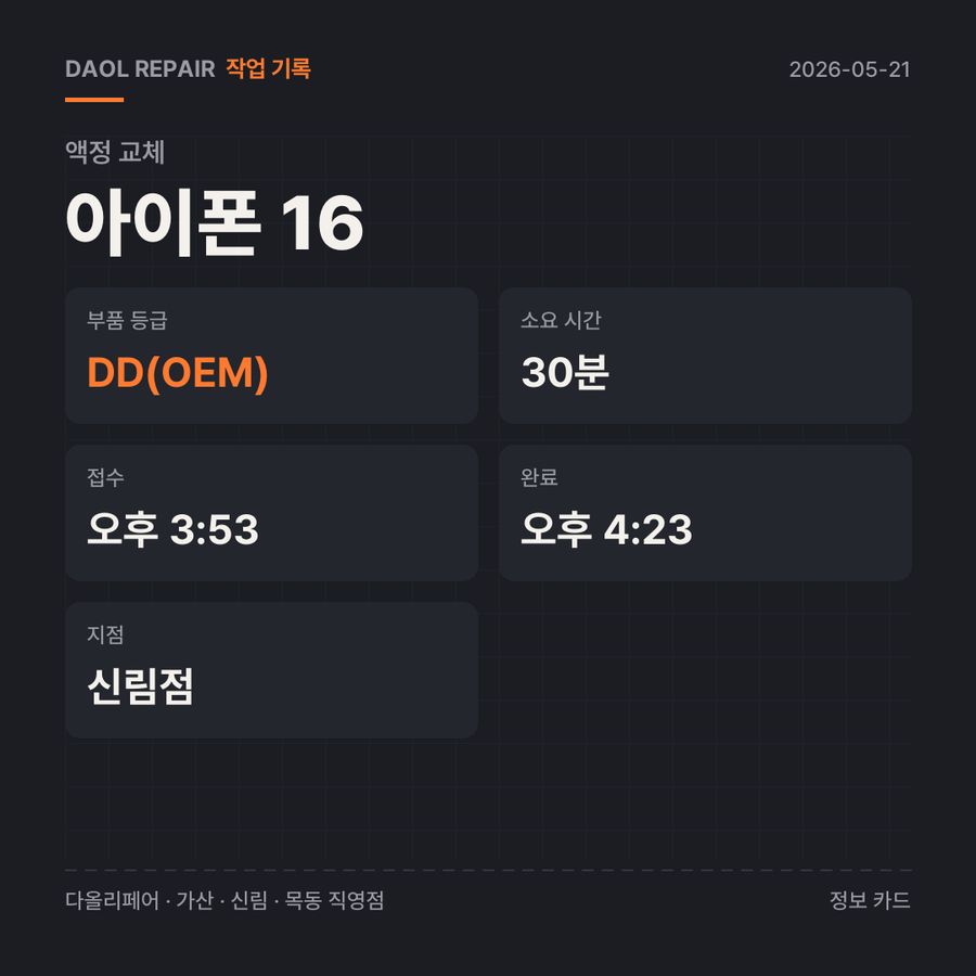 아이폰 16 액정 교체 기록 카드 — 부품 등급·소요 시간·지점