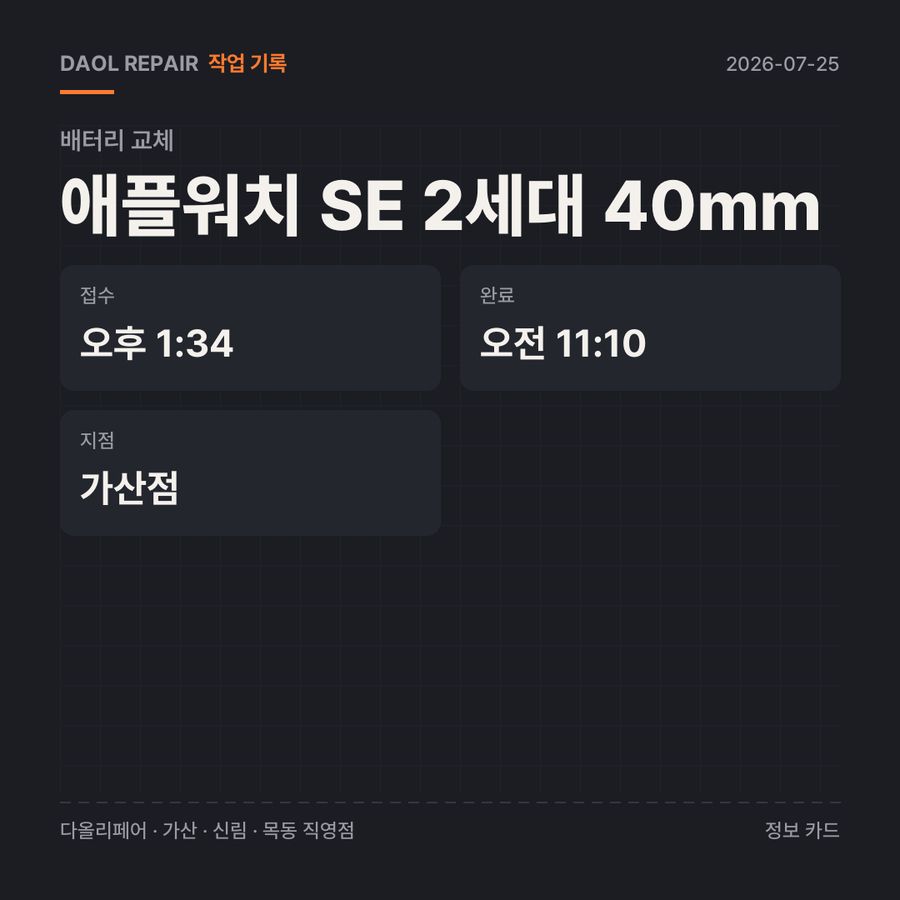 애플워치 SE 2세대 40mm 배터리 교체 기록 카드 — 부품 등급·소요 시간·지점