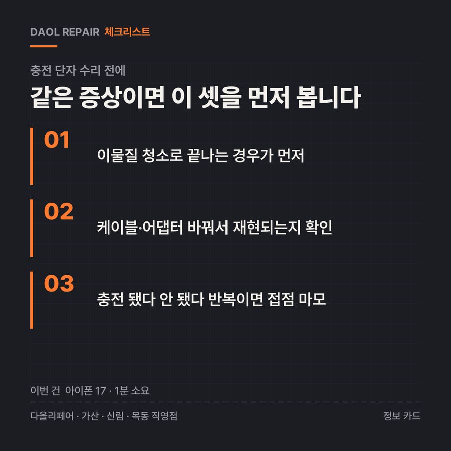 충전 단자 수리 전 확인할 3가지 — 정보 카드