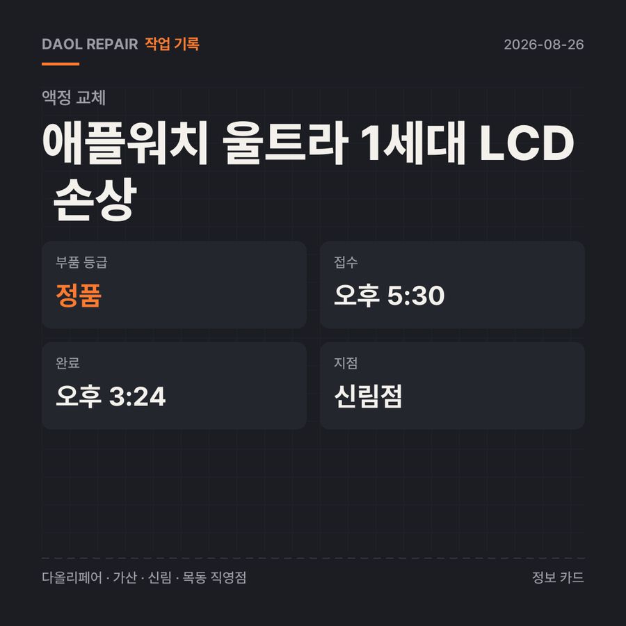 애플워치 울트라 1세대 LCD 손상 액정 교체 기록 카드 — 부품 등급·소요 시간·지점