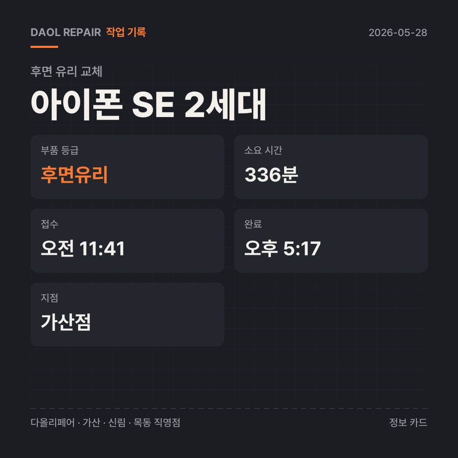 아이폰 SE 2세대 후면 유리 교체 기록 카드 — 부품 등급·소요 시간·지점