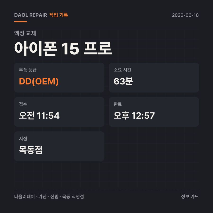 아이폰 15 프로 액정 교체 기록 카드 — 부품 등급·소요 시간·지점
