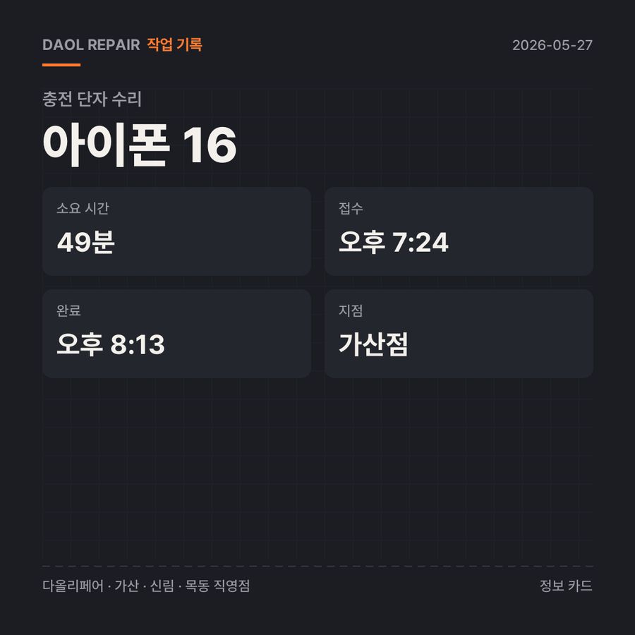 아이폰 16 충전 단자 수리 기록 카드 — 부품 등급·소요 시간·지점
