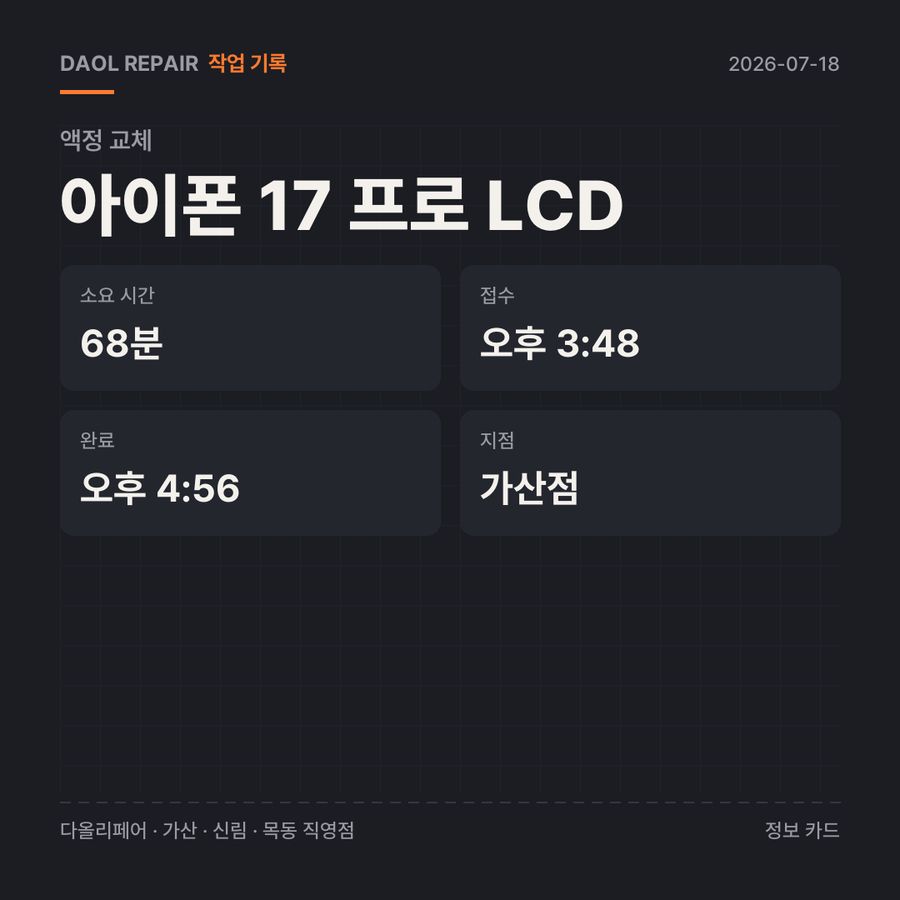 아이폰 17 프로 LCD 액정 교체 기록 카드 — 부품 등급·소요 시간·지점