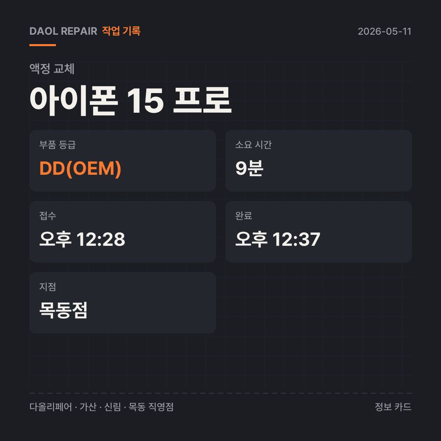 아이폰 15 프로 액정 교체 기록 카드 — 부품 등급·소요 시간·지점