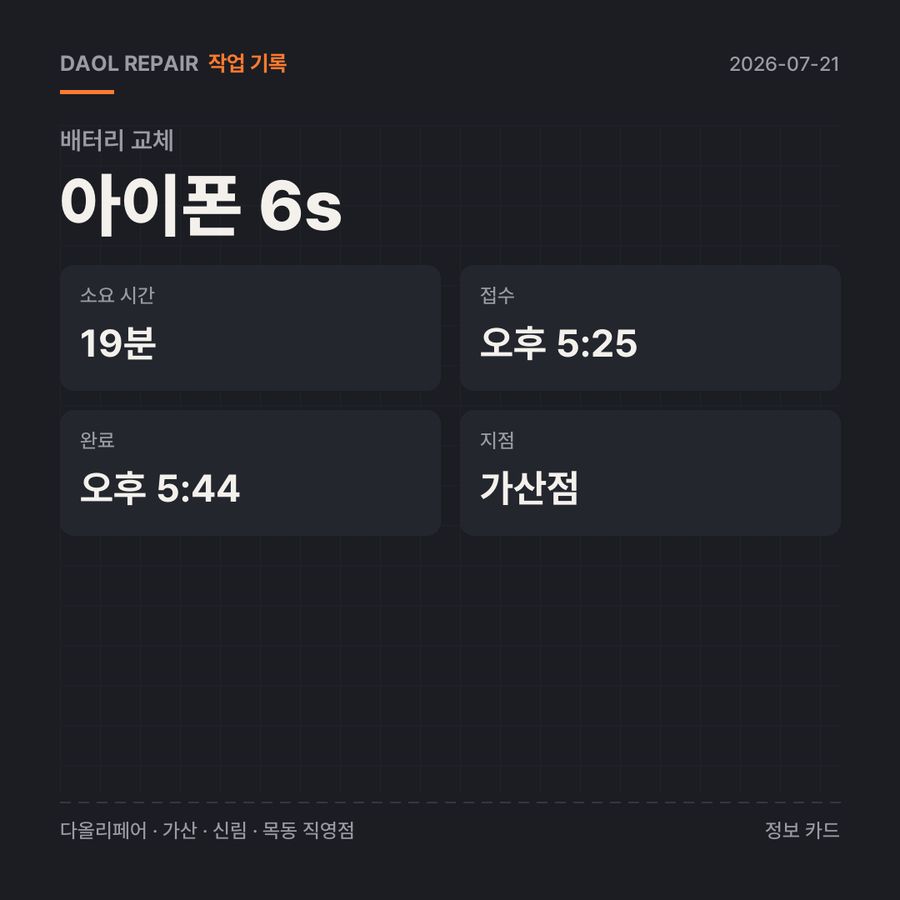 아이폰 6s 배터리 교체 기록 카드 — 부품 등급·소요 시간·지점