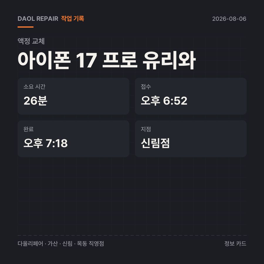 아이폰 17 프로 유리와 액정 교체 기록 카드 — 부품 등급·소요 시간·지점