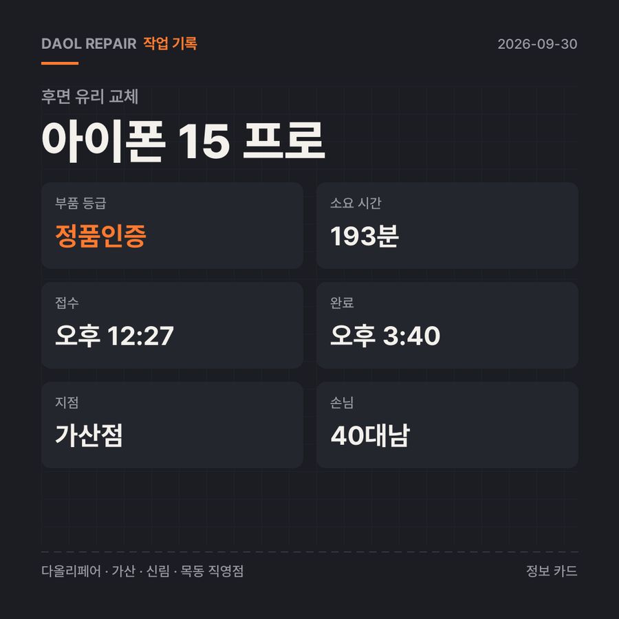 아이폰 15 프로 후면 유리 교체 기록 카드 — 부품 등급·소요 시간·지점