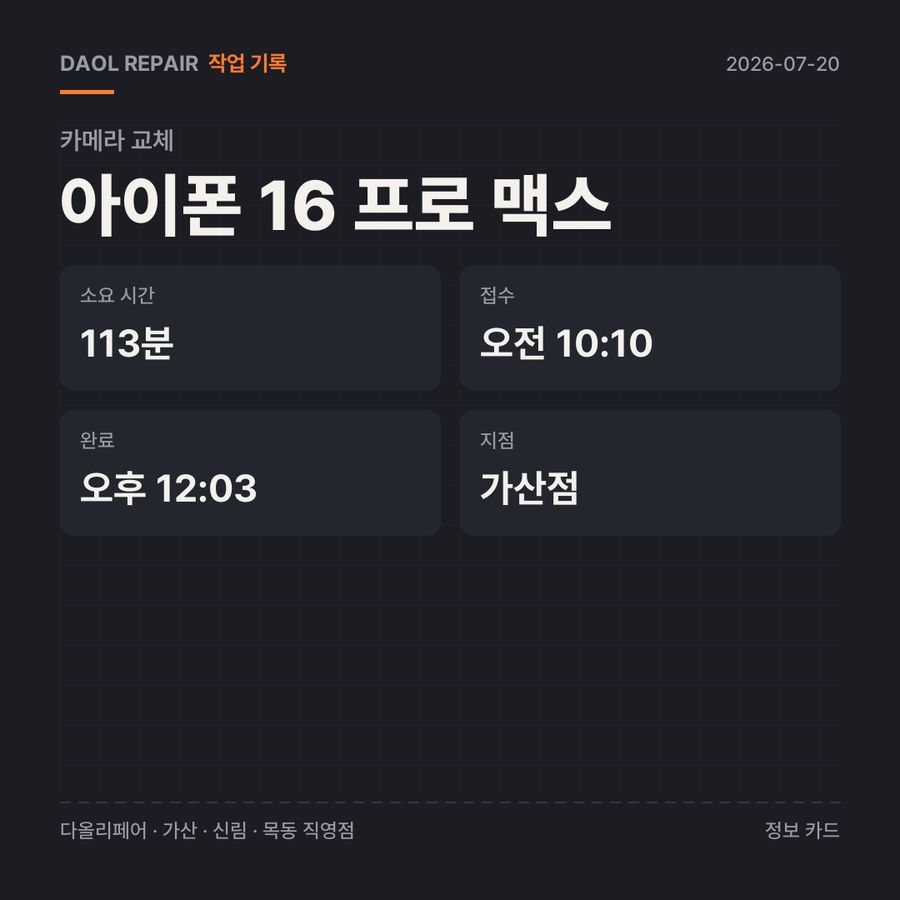 아이폰 16 프로 맥스 카메라 교체 기록 카드 — 부품 등급·소요 시간·지점