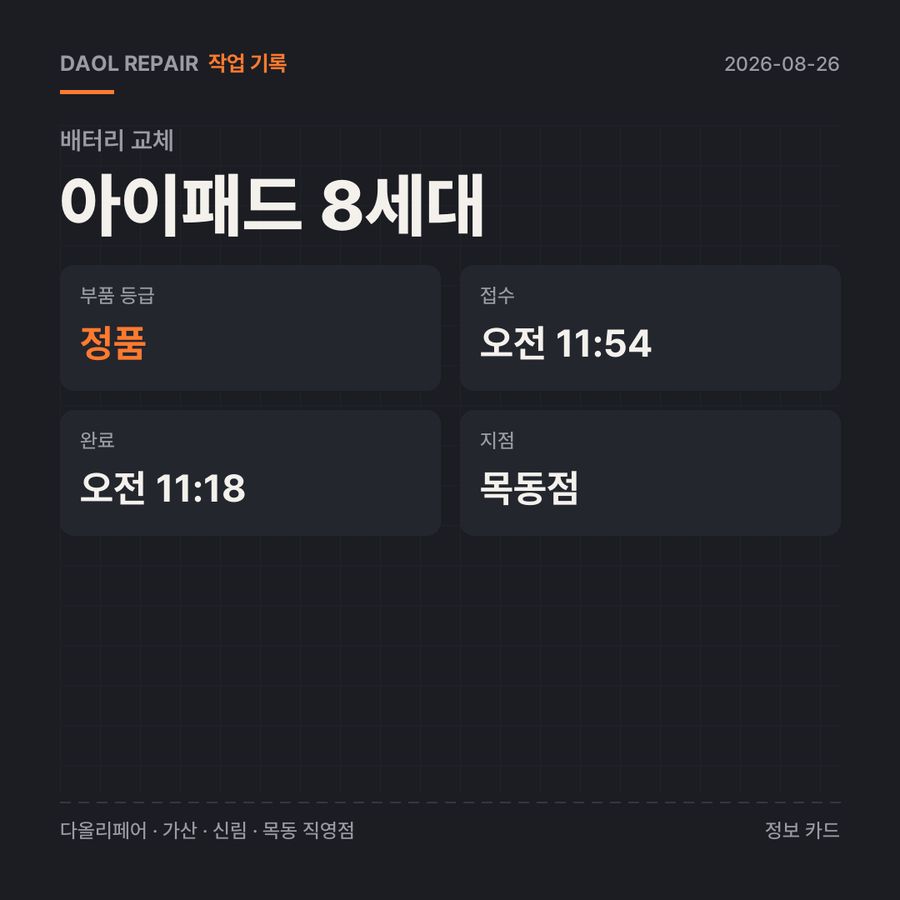 아이패드 8세대 배터리 교체 기록 카드 — 부품 등급·소요 시간·지점