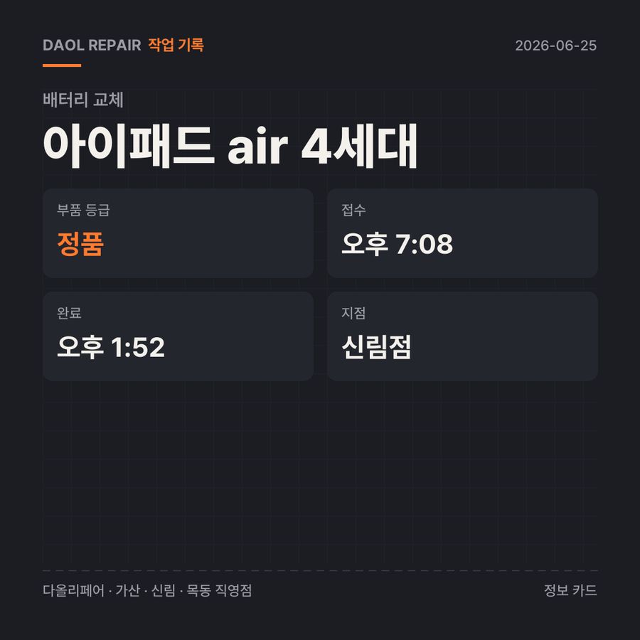 아이패드 air 4세대 배터리 교체 기록 카드 — 부품 등급·소요 시간·지점