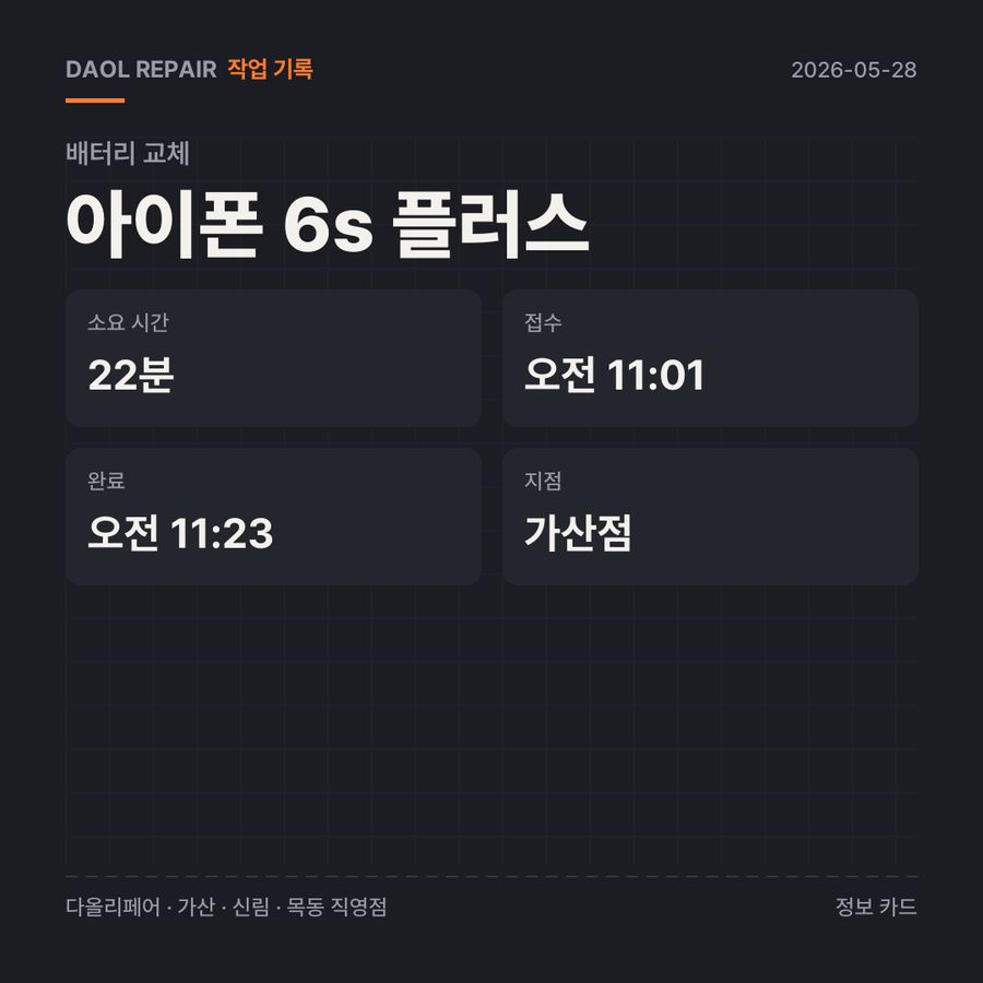 아이폰 6s 플러스 배터리 교체 기록 카드 — 부품 등급·소요 시간·지점