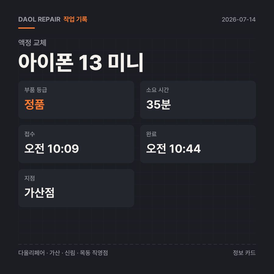 아이폰 13 미니 액정 교체 기록 카드 — 부품 등급·소요 시간·지점