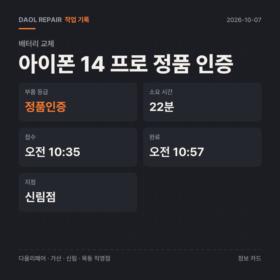 아이폰 14 프로 정품 인증 배터리 교체 기록 카드 — 부품 등급·소요 시간·지점