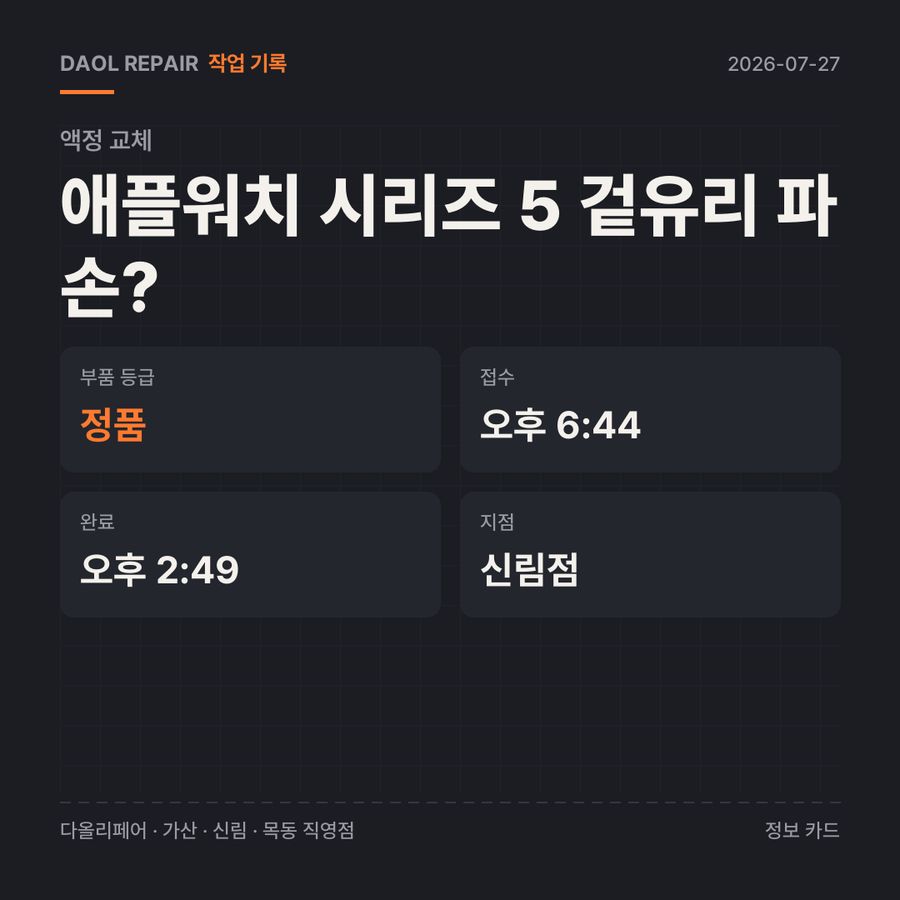 애플워치 시리즈 5 겉유리 파손? 액정 교체 기록 카드 — 부품 등급·소요 시간·지점