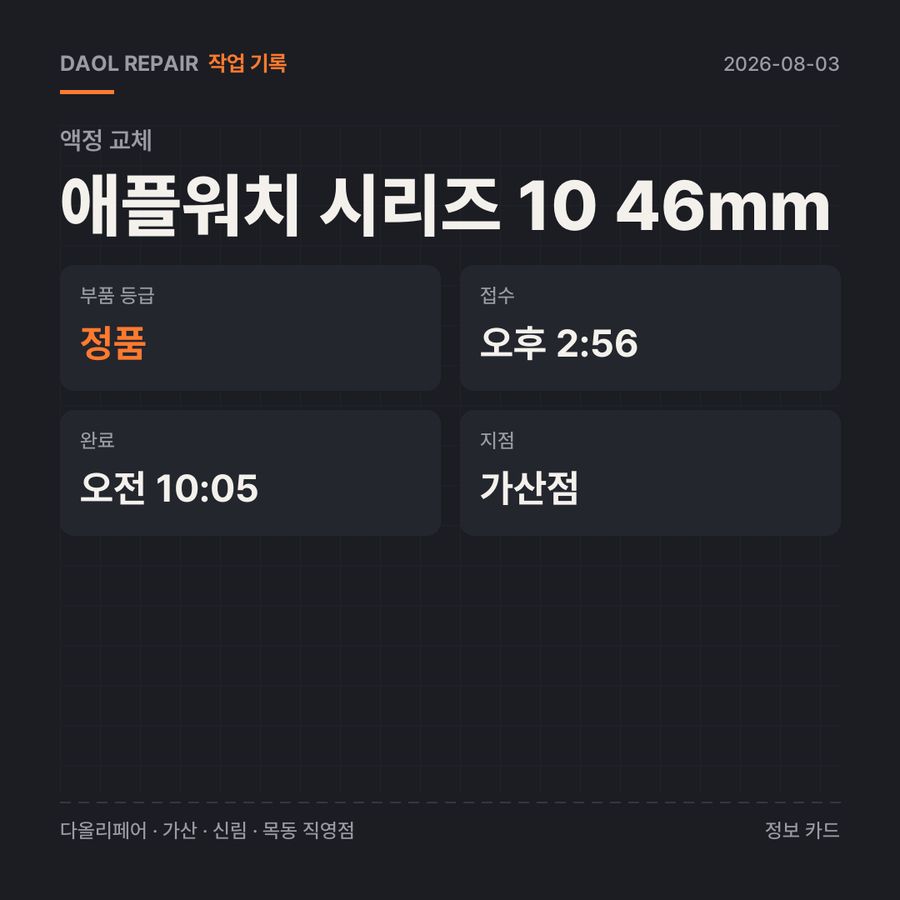애플워치 시리즈 10 46mm 액정 교체 기록 카드 — 부품 등급·소요 시간·지점