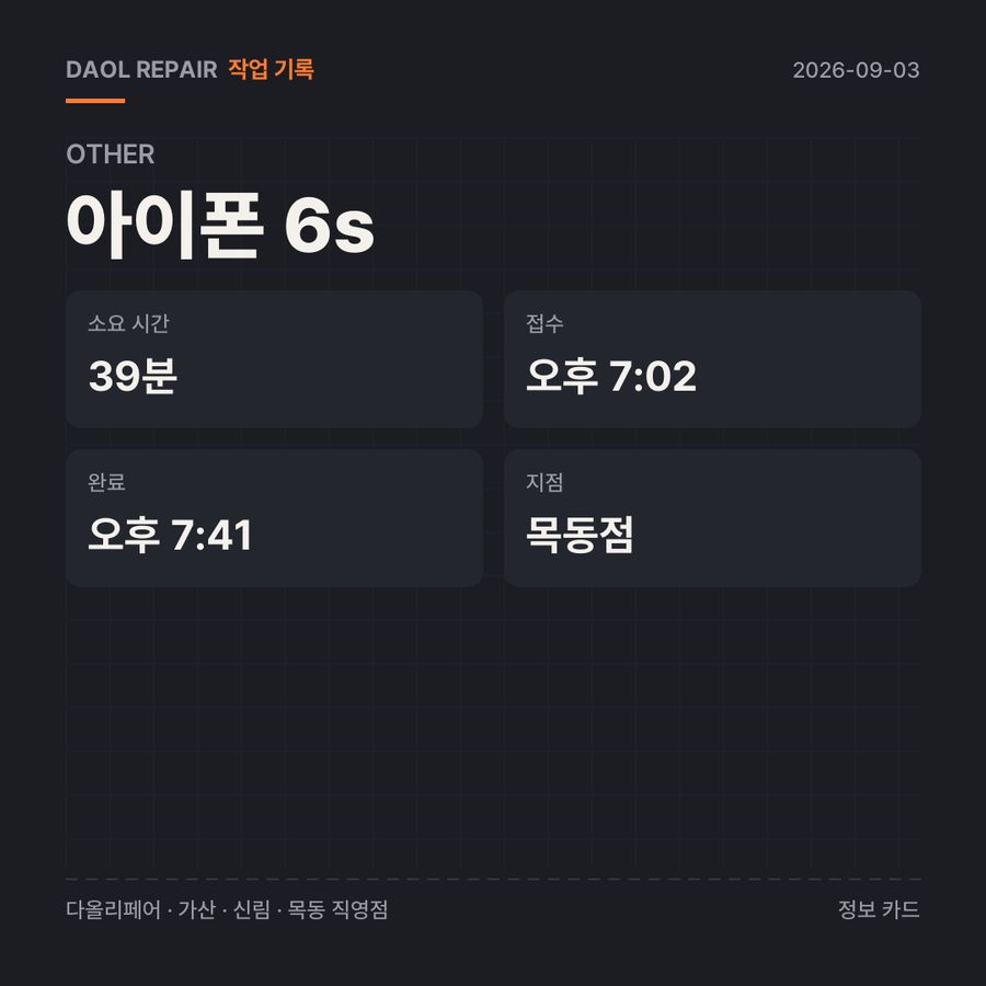 아이폰 6s 수리 기록 카드 — 부품 등급·소요 시간·지점