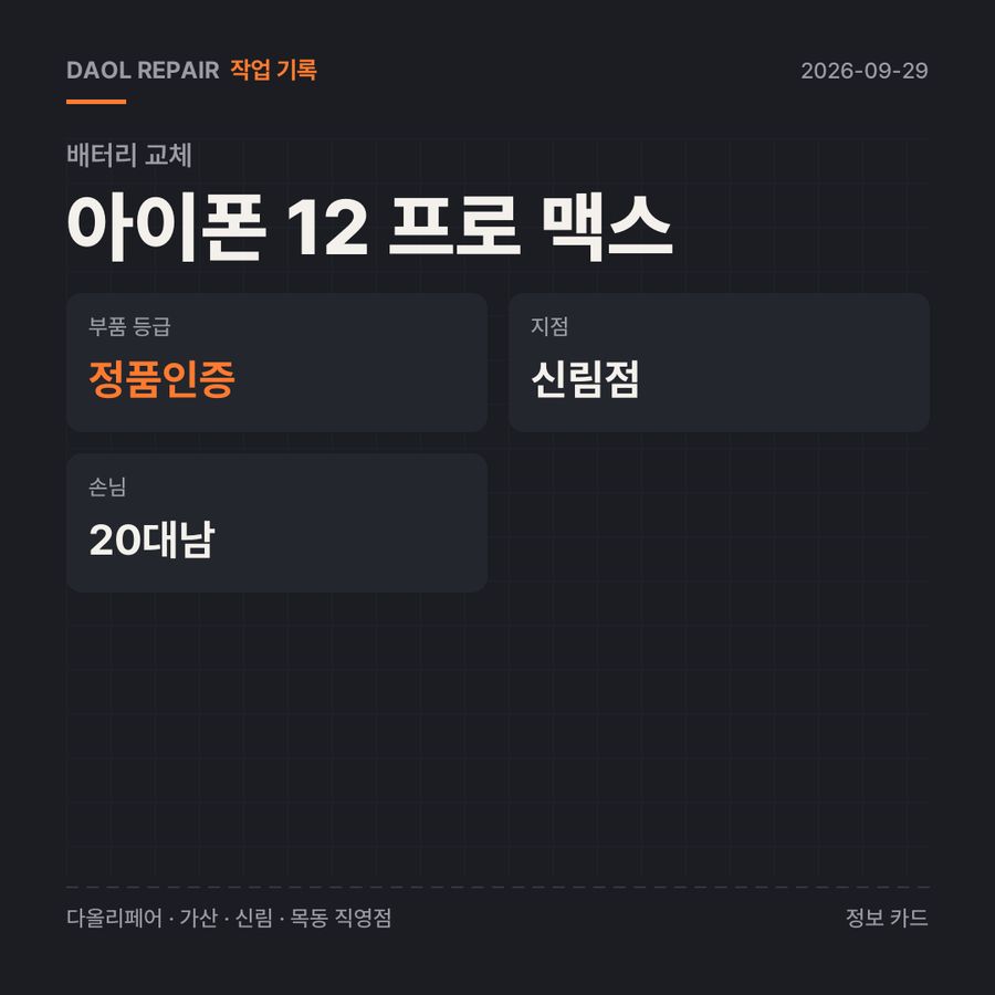 아이폰 12 프로 맥스 배터리 교체 기록 카드 — 부품 등급·소요 시간·지점