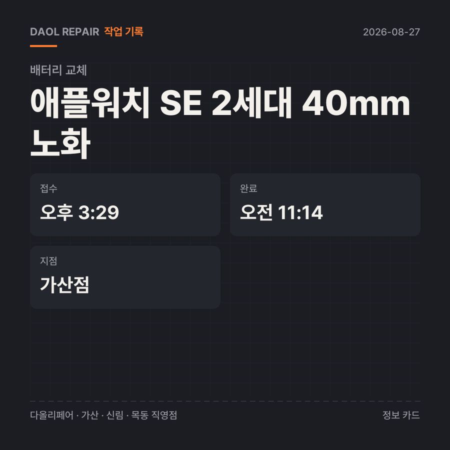 애플워치 SE 2세대 40mm 노화 배터리 교체 기록 카드 — 부품 등급·소요 시간·지점