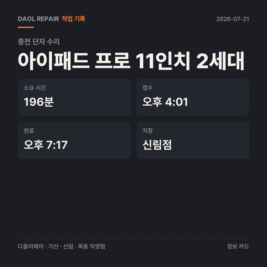 아이패드 프로 11인치 2세대 충전 단자 수리 기록 카드 — 부품 등급·소요 시간·지점