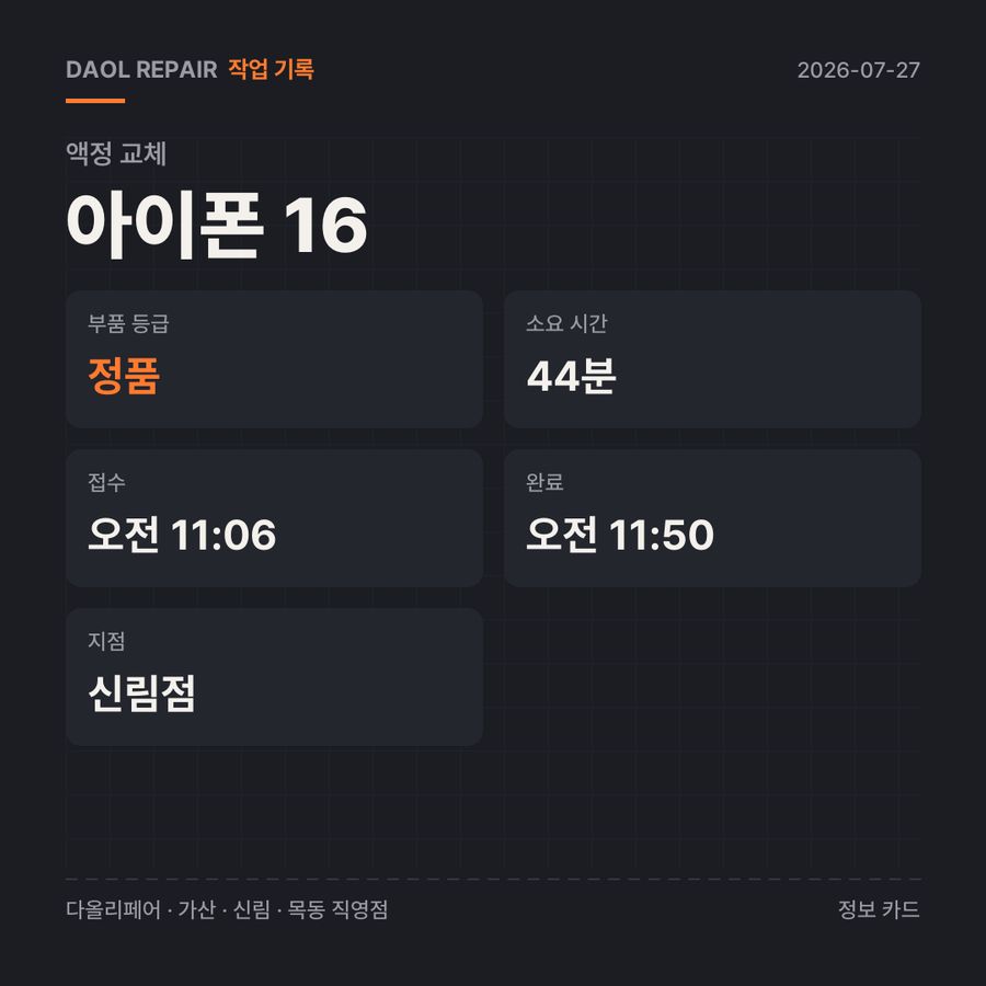 아이폰 16 액정 교체 기록 카드 — 부품 등급·소요 시간·지점