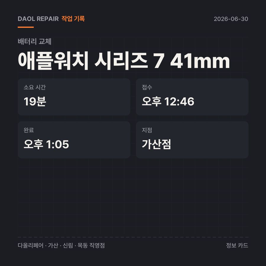 애플워치 시리즈 7 41mm 배터리 교체 기록 카드 — 부품 등급·소요 시간·지점