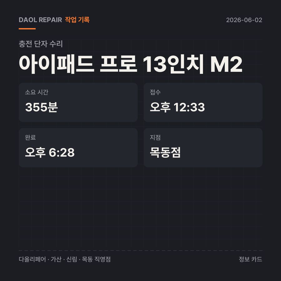 아이패드 프로 13인치 M2 충전 단자 수리 기록 카드 — 부품 등급·소요 시간·지점