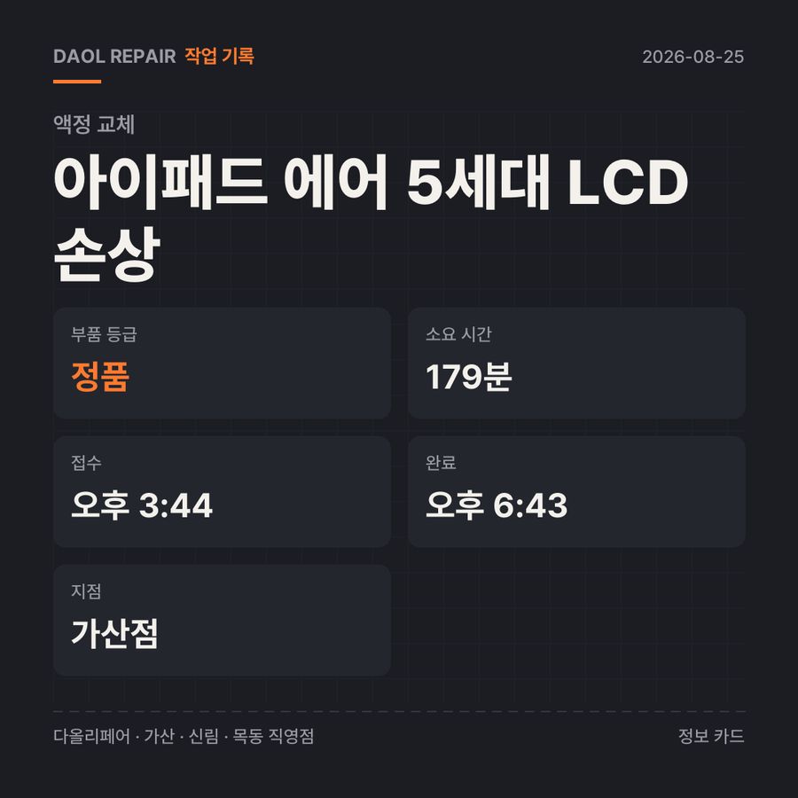 아이패드 에어 5세대 LCD 손상 액정 교체 기록 카드 — 부품 등급·소요 시간·지점