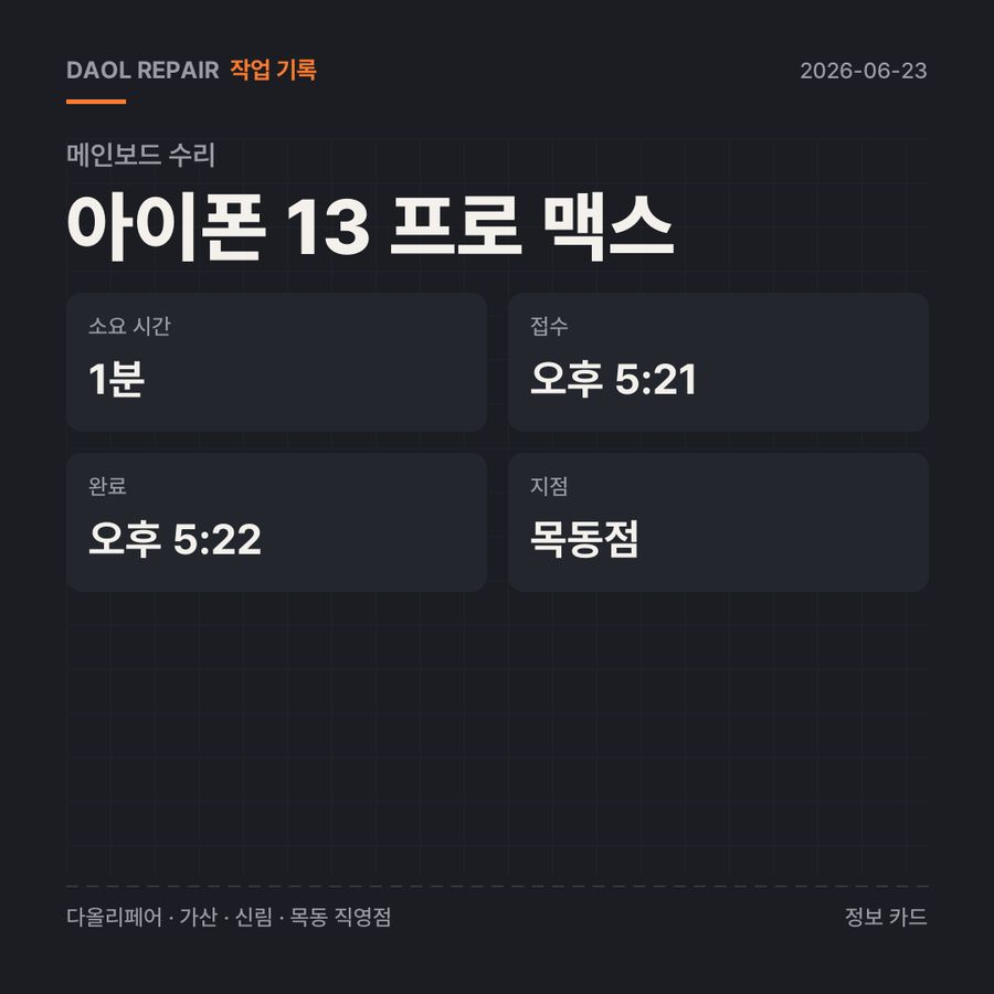 아이폰 13 프로 맥스 메인보드 수리 기록 카드 — 부품 등급·소요 시간·지점