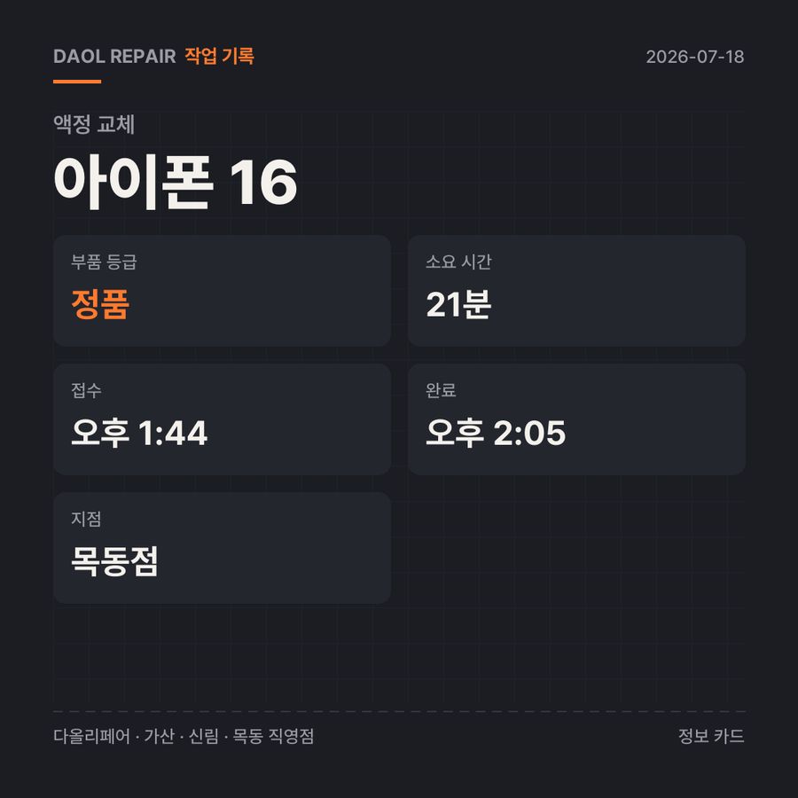 아이폰 16 액정 교체 기록 카드 — 부품 등급·소요 시간·지점