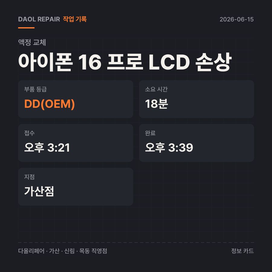아이폰 16 프로 LCD 손상 액정 교체 기록 카드 — 부품 등급·소요 시간·지점