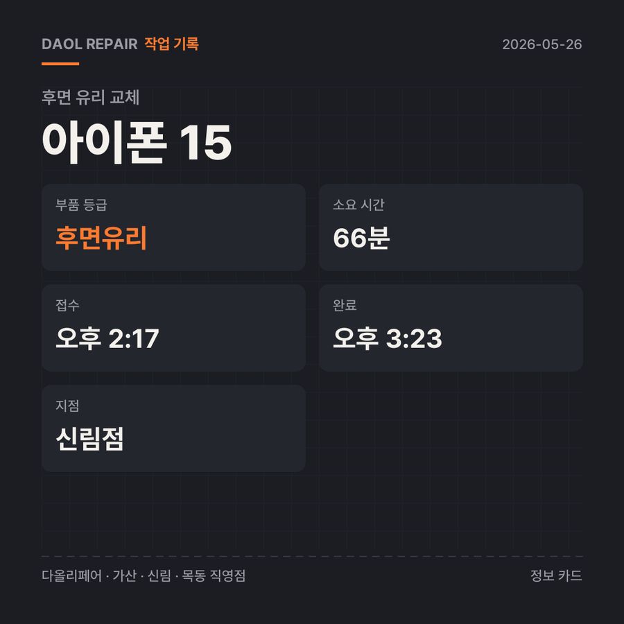 아이폰 15 후면 유리 교체 기록 카드 — 부품 등급·소요 시간·지점