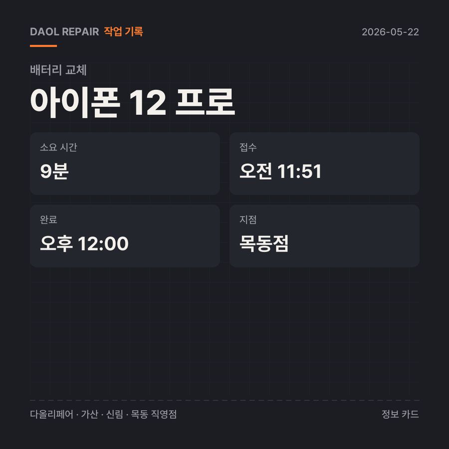 아이폰 12 프로 배터리 교체 기록 카드 — 부품 등급·소요 시간·지점