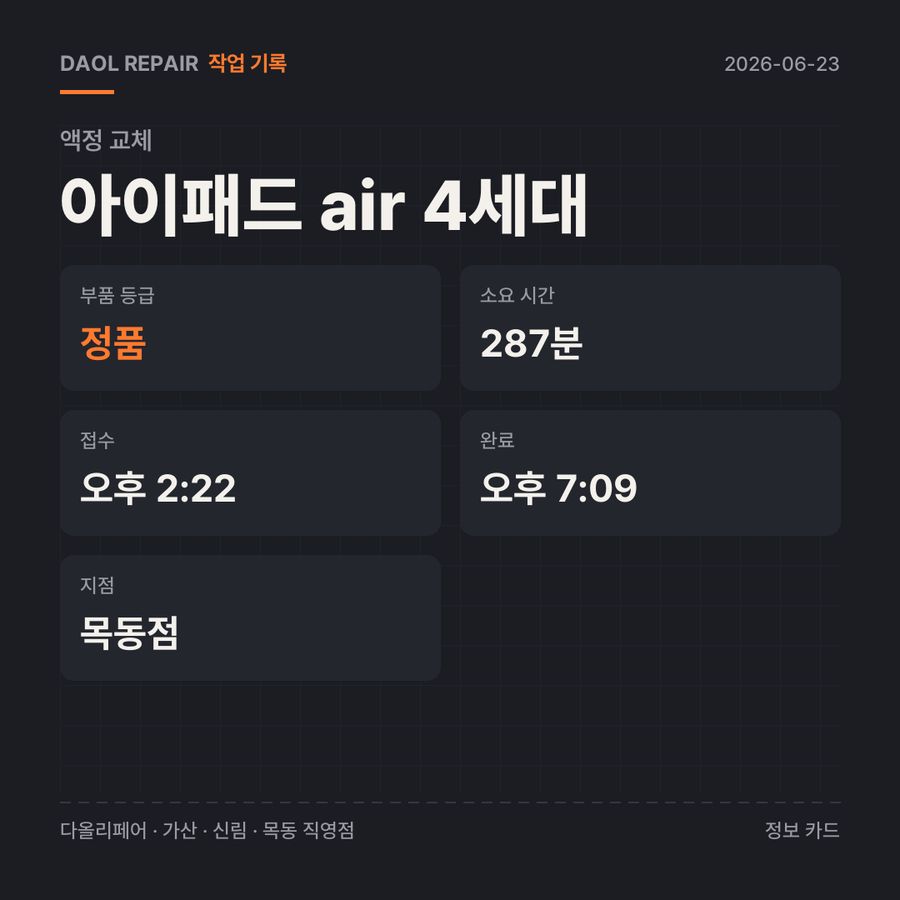 아이패드 air 4세대 액정 교체 기록 카드 — 부품 등급·소요 시간·지점