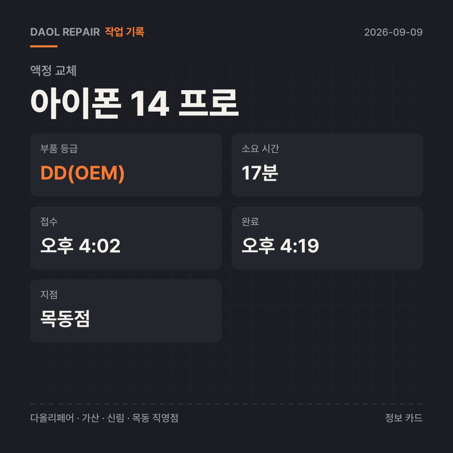 아이폰 14 프로 액정 교체 기록 카드 — 부품 등급·소요 시간·지점