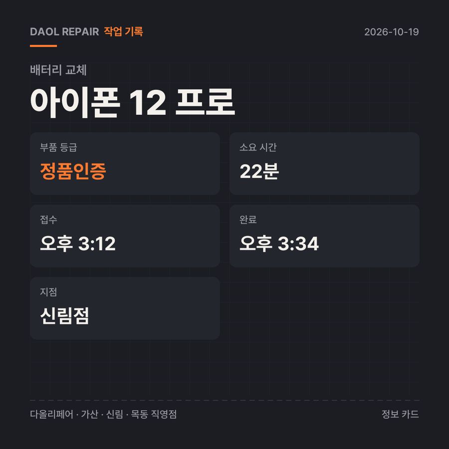 아이폰 12 프로 배터리 교체 기록 카드 — 부품 등급·소요 시간·지점