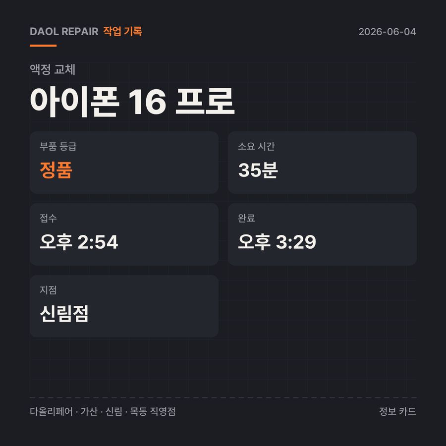 아이폰 16 프로 액정 교체 기록 카드 — 부품 등급·소요 시간·지점