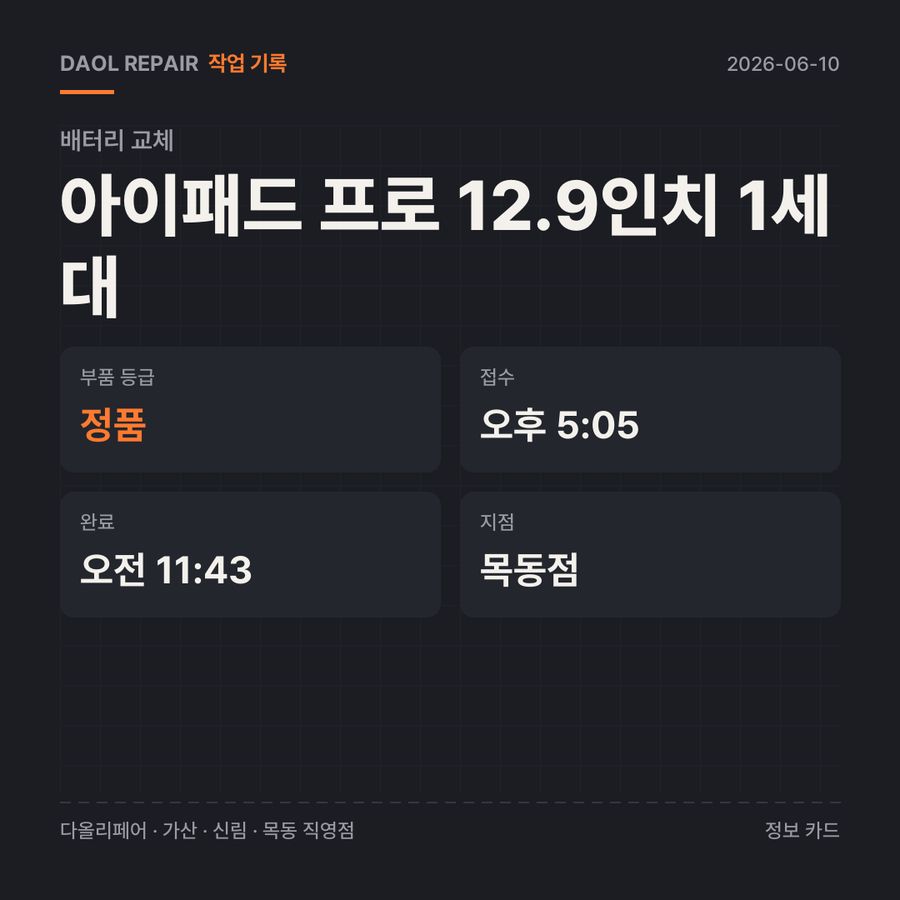 아이패드 프로 12.9인치 1세대 배터리 교체 기록 카드 — 부품 등급·소요 시간·지점