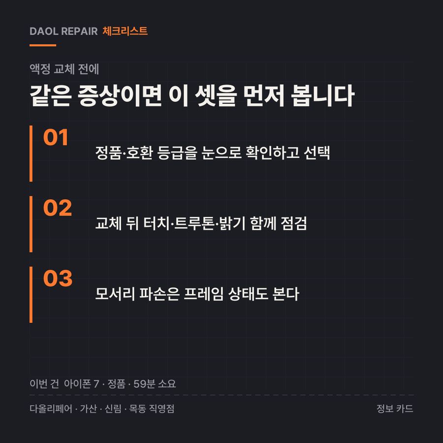 액정 교체 전 확인할 3가지 — 정보 카드
