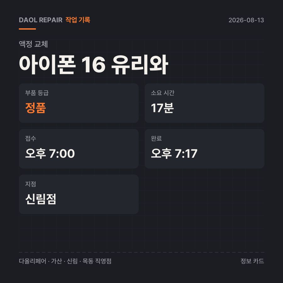 아이폰 16 유리와 액정 교체 기록 카드 — 부품 등급·소요 시간·지점