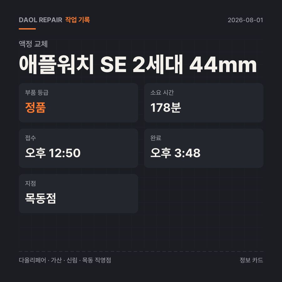 애플워치 SE 2세대 44mm 액정 교체 기록 카드 — 부품 등급·소요 시간·지점