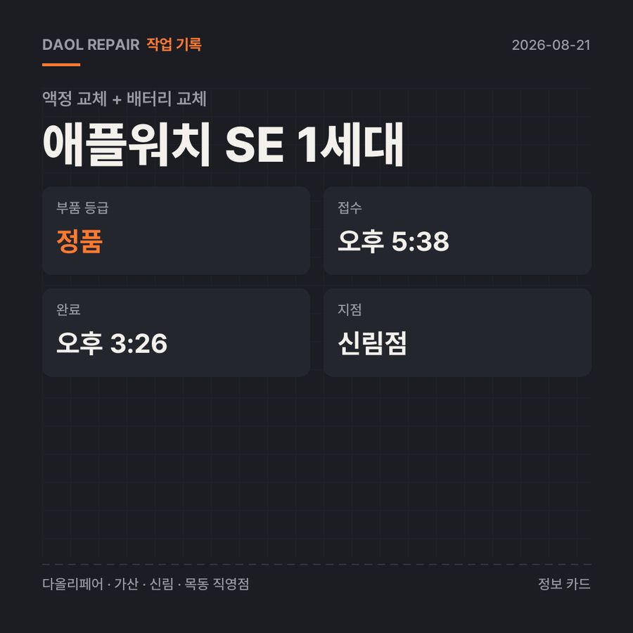애플워치 SE 1세대 액정 교체 + 배터리 교체 기록 카드 — 부품 등급·소요 시간·지점