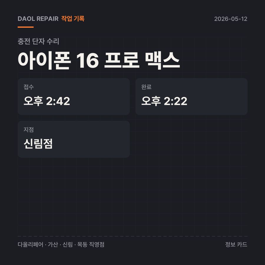 아이폰 16 프로 맥스 충전 단자 수리 기록 카드 — 부품 등급·소요 시간·지점